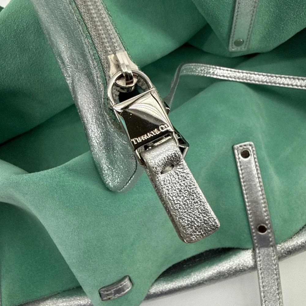 Tiffany & Co Metallic Silver Leather Reversible Tote Bag Tiffany Blue Suede LRG